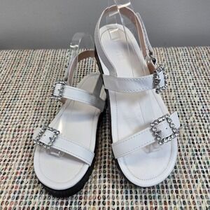 Schutz Sandals Size 8‎ White Leather Crystal Buckle Platform Strappy Slingback